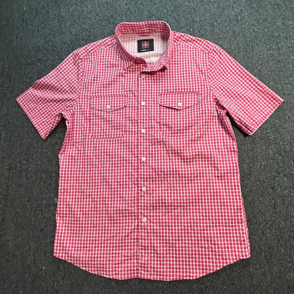 SwissTech Mens Short Sleeve Button Down Shirt Pink‎ White Gingham Plaid Sz L